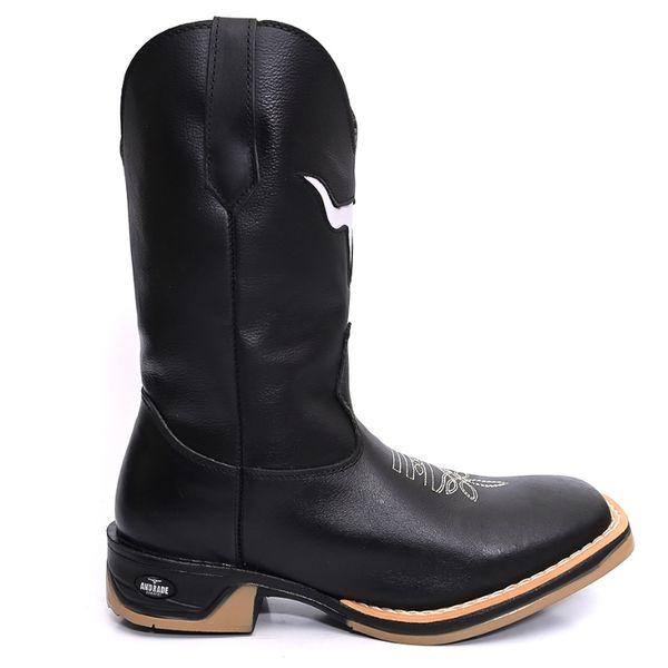 Bota Texana Masculina Country Bico Quadrado Couro Sola Jump Delegada Cano Alto Preta 