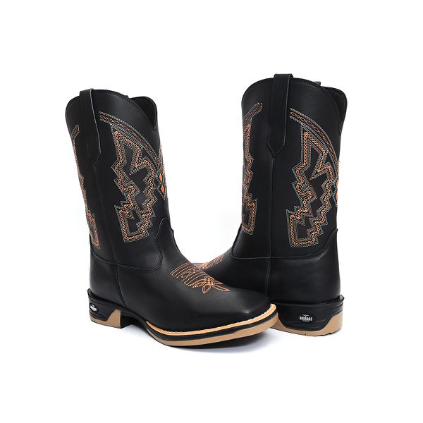 Bota Texana Masculina Country Bico Quadrado Couro Sola Jump Delegada Cano Alto Preta 