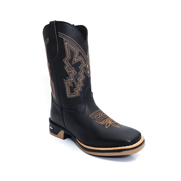 Bota Texana Masculina Country Bico Quadrado Couro Sola Jump Delegada Cano Alto Preta 