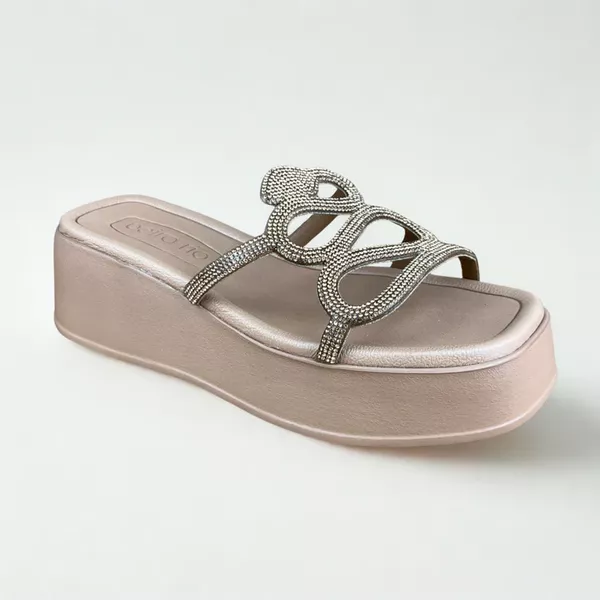Sandália Tamanco Feminino Beira Rio Plataforma Rose Gold com Aplicação em Strass