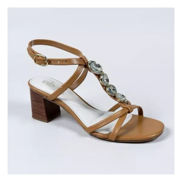 Sandália Feminina A.B Caramelo com Salto Bloco e Pedrarias
