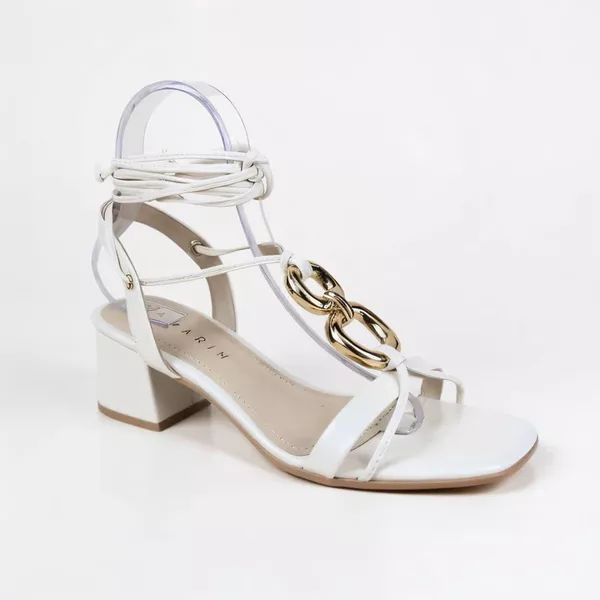Sandália Feminina Ramarim Branca com Salto Bloco e Amarração