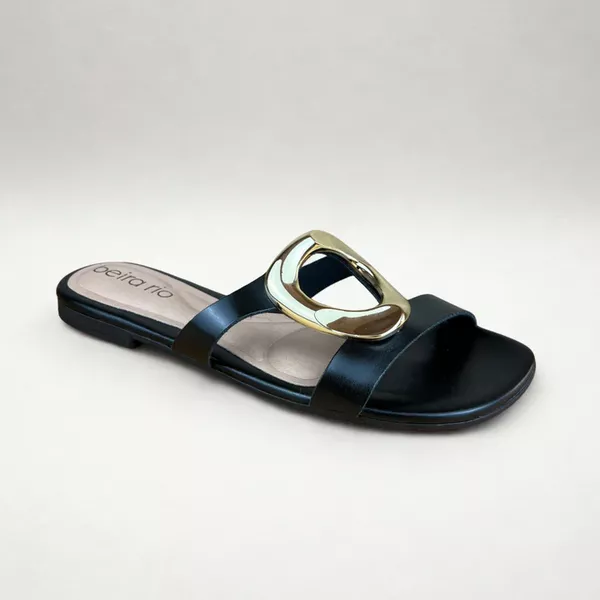 Rasteirinha Feminina Beira Rio Preta com Detalhe Dourado