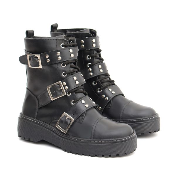 Bota Coturno Feminina Em Couro Legitimo Tiras com Tachas