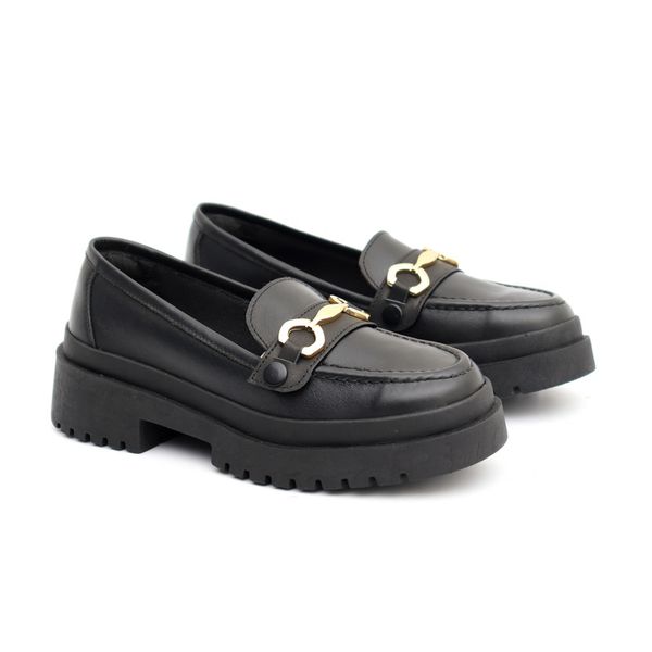 Mocassim Feminino em Couro Preto Com Fivela 1