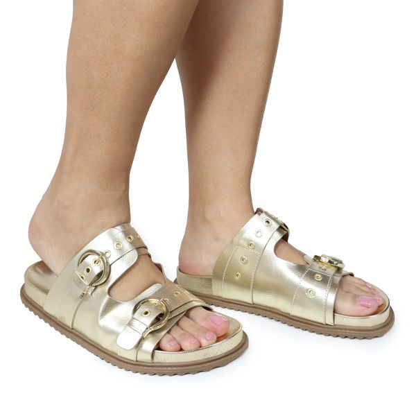 Papete Feminina Vitoria Duas Tiras Sola Baixa Dourada Arietto