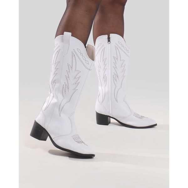 Bota Feminina Texana Western Cano Longo Branca Bordada