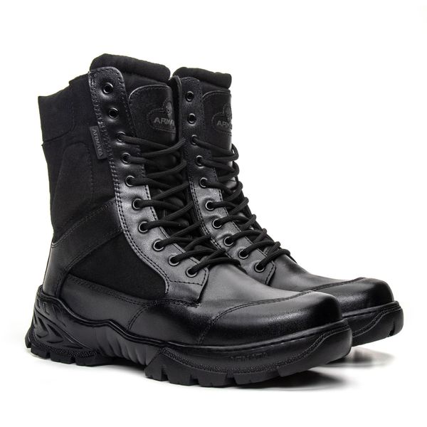 Bota Coturno Em Couro Militar Armata Leopard- Preto Liso Com Ziper