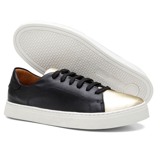 Tenis Feminino Laces em Couro Legitimo Preto e Ouro