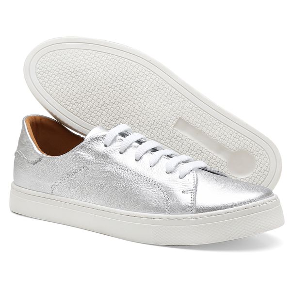 Tenis Feminino Laces em Couro Legitimo Prata