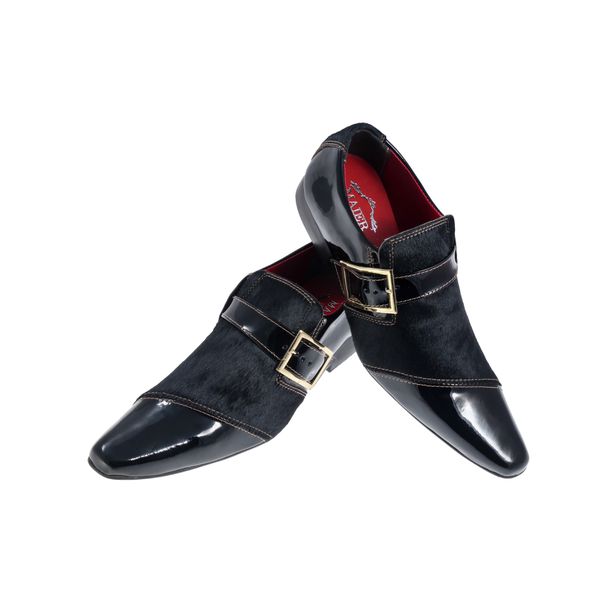 Sapato Masculino Italiano Em Couro Preto Verniz e Pêlo Animal
