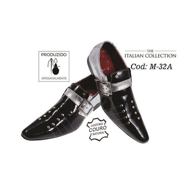 Sapato Masculino Italiano Em Couro Preto Com Cobra Silver