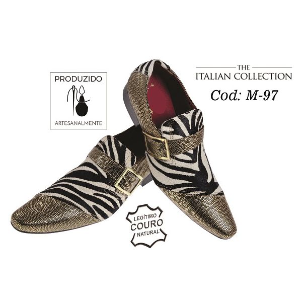 Sapato Masculino Italiano Em Couro Zebra Com Dourado