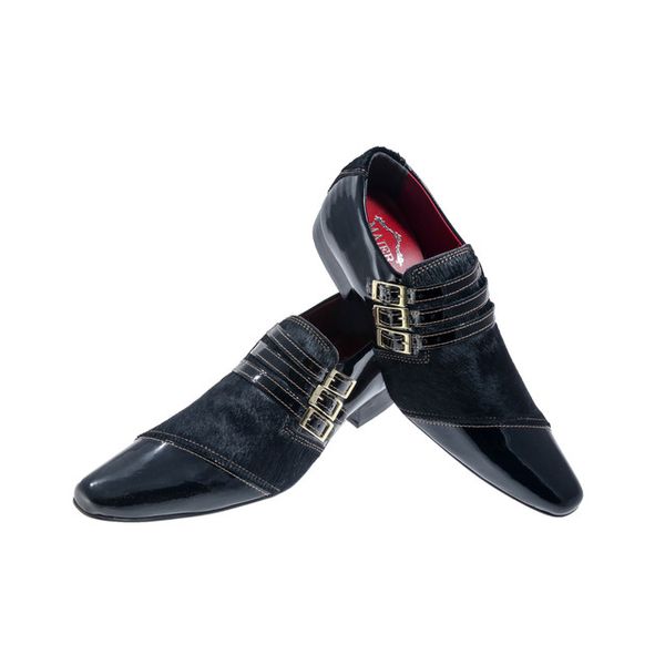 Sapato Masculino Italiano Em Couro Preto Verniz Com Pelo