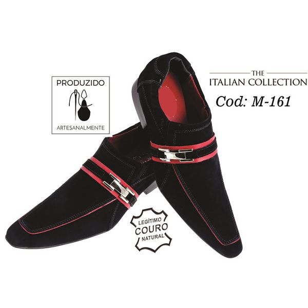 Sapato Masculino Italiano Em Camurça Preto Com Vermelho