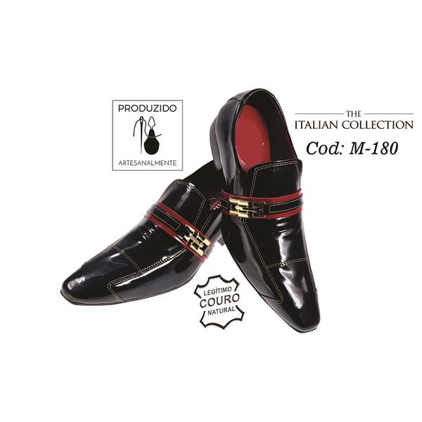 Sapato Masculino Italiano Em Couro Preto Bordado Com Vermelho