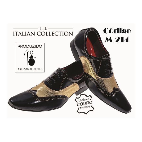 Sapato Masculino Italiano Em Couro Preto Com Dourado Italiano