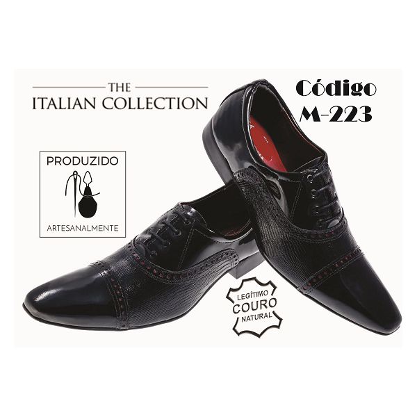 Sapato Masculino Italiano Em Couro Preto Frizado