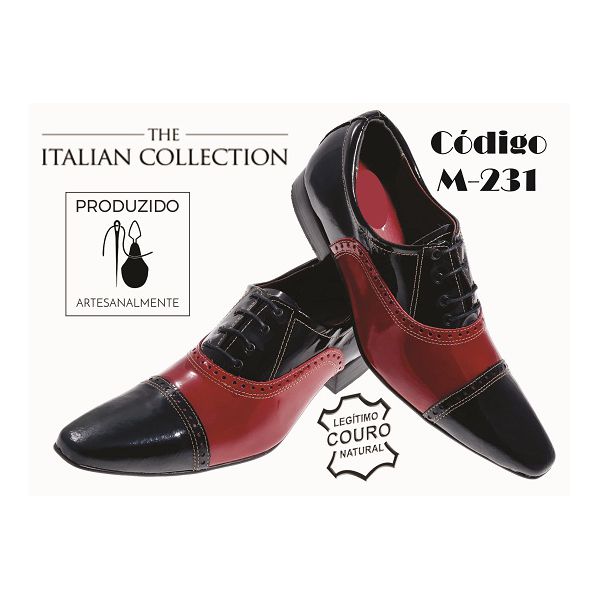 Sapato Masculino Italiano Em Couro Vermelho Com Preto Verniz Oxford