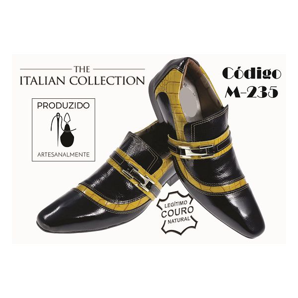 Sapato Masculino Italiano Em Couro Preto Com Amarelo Jacaré