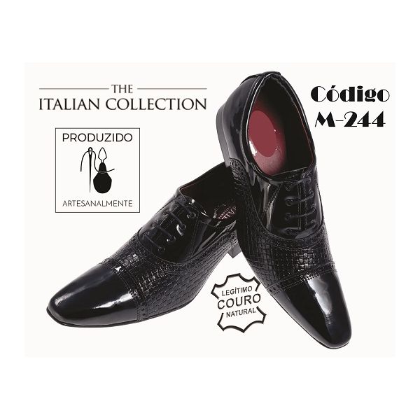Sapato Masculino Italiano Em Couro Preto Frizado Oxford
