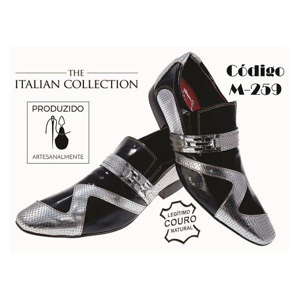 Sapato Masculino Italiano Em Couro Preto Vernizado Com Silver