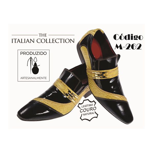 Sapato Masculino Italiano Em Couro Preto Verniz Com Amarelo Jacaré