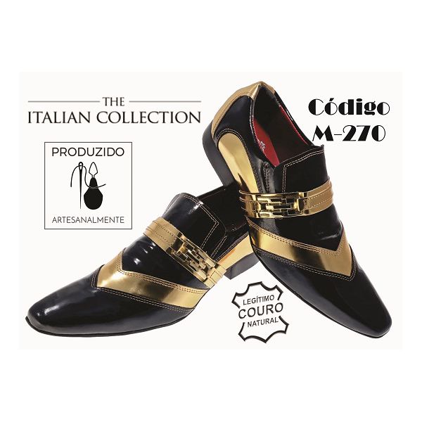 Sapato Masculino Italiano Em Couro Preto Com Dourado