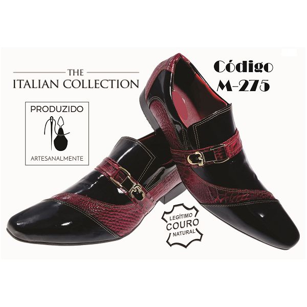 Sapato Masculino Italiano Em Couro Preto Verniz Com Cobra Vinho