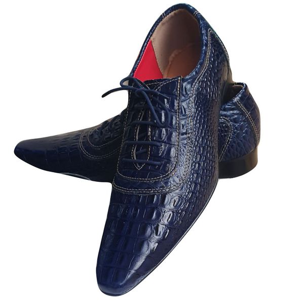 Sapato Masculino Italiano Em Couro Oxford - Azul Escama - Blue Croco