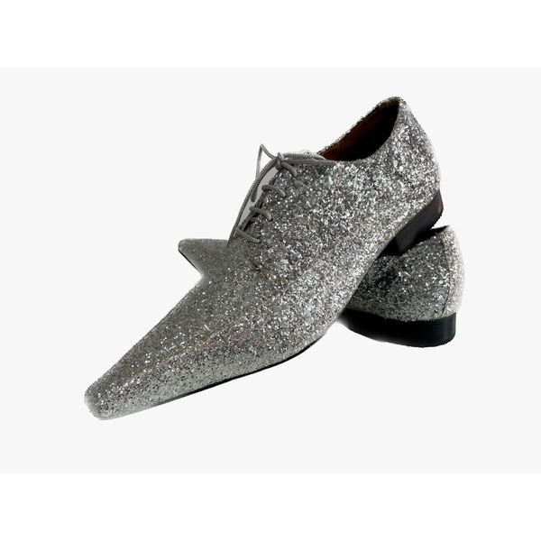 Sapato Masculino Italiano Em Couro Prateado Executivo Glitter Ref: D671