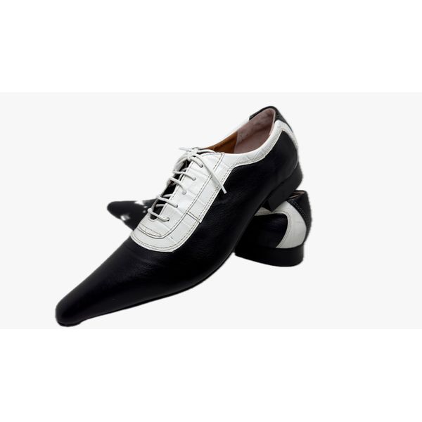 Sapato Masculino Italiano Em Couro Preto e Branco Bico Fino Ref: D910