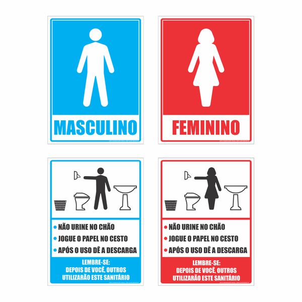 Kit Placa Banheiro Masculino Feminino Regras