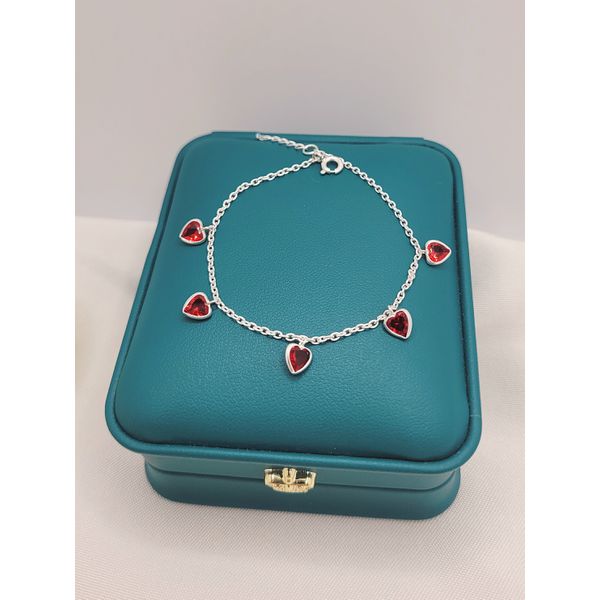Pulseira Em Prata 925 De Corações Com Zircônias Vermelhas