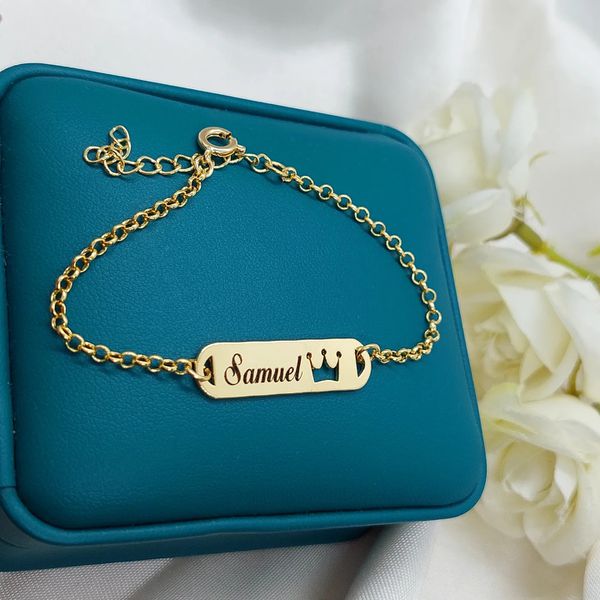 Pulseira Personalizada Infantil Banhada a Ouro Coroa Vazada
