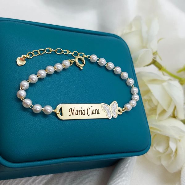 Pulseira Personalizada Infantil Banhada Com Detalhe De Borboleta