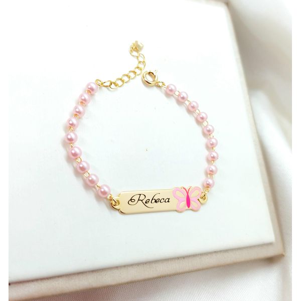 Pulseira Personalizável Infantil Banhada a Ouro De Borboleta Com Pérolas Rosa