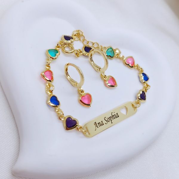 Conjunto Infantil Personalizado Pulseira e Brinco Banhado a Ouro