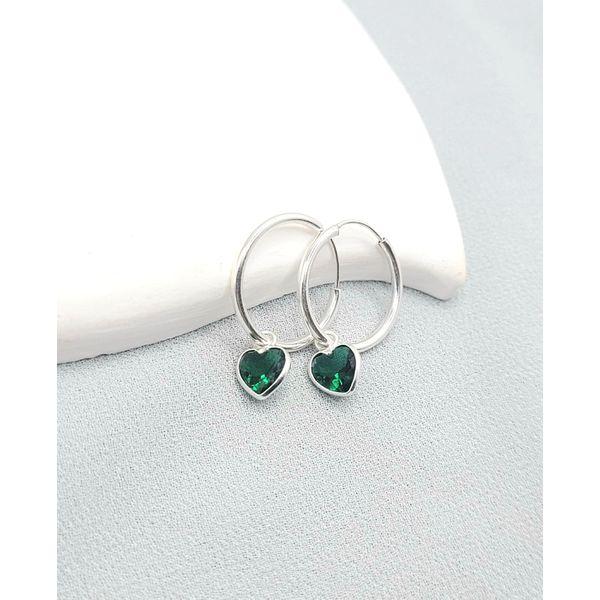 Brinco Argola Fio Redondo 17mm + Ponto De Luz CoraÇÃo Verde Em Prata 925