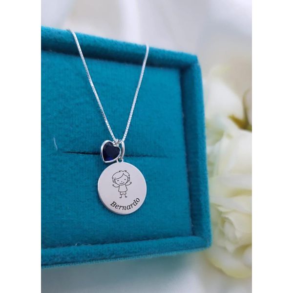 Colar Redondo Em Prata 925 Personalizável Com Um Nome e Pingente Ponto De Luz Coração