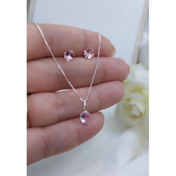 Conjunto Ponto De Luz Redondo Rosa Em Prata 925