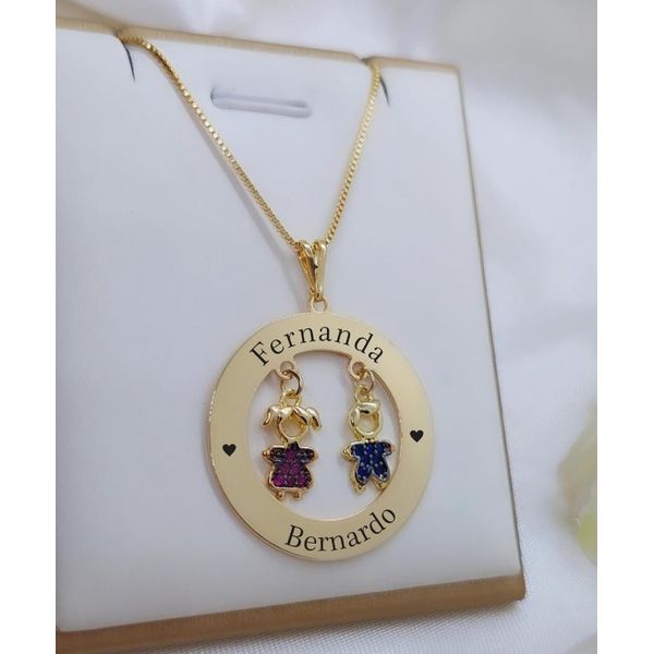 Colar Mandala Com Dois Nomes e Pingentes De Filhos Banhado a Ouro