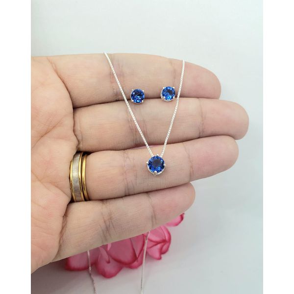 Conjunto Brinco e Gargantilha Ponto De Luz Redondo Em Prata 925 Azul Escuro