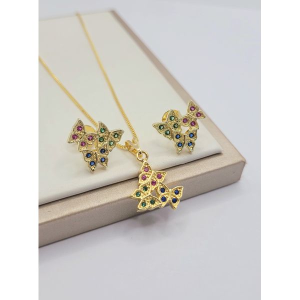 Conjunto Três Borboletas Brinco e Colar Banhado a Ouro Com Zircônias Coloridas
