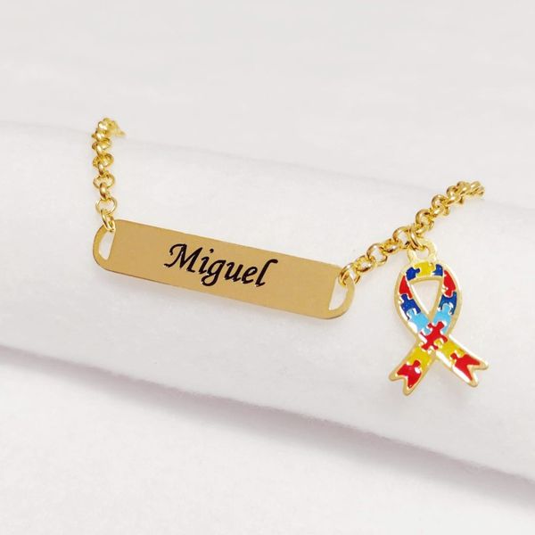 Pulseira Infantil Personalizada Símbolo Autismo Banhada a Ouro