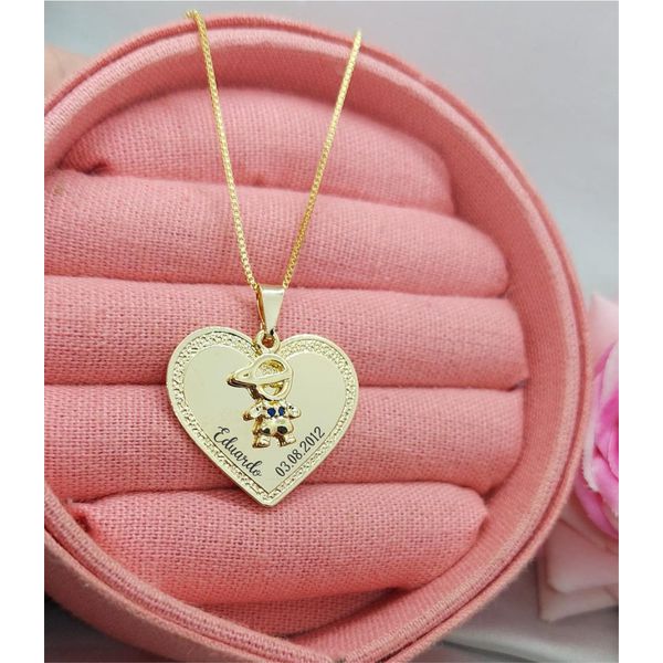 Colar Coração Personalizado e Pingente De Filho (a) Banhado a Ouro