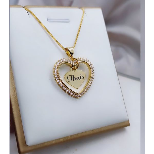 Colar Coração Com Zircônias Na Borda e Coração Personalizado Banhado a Ouro