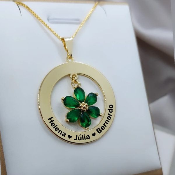Colar Mandala Com Até 5 Nomes e Pingente De Flor Zircônia Banhada a Ouro