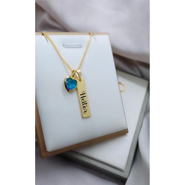Colar Plaquinha Personalizada Banhada a Ouro Com Pingente De Coração