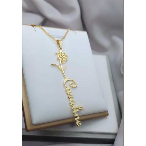 Colar Personalizado Flor e Nome Simples Banhado a Ouro
